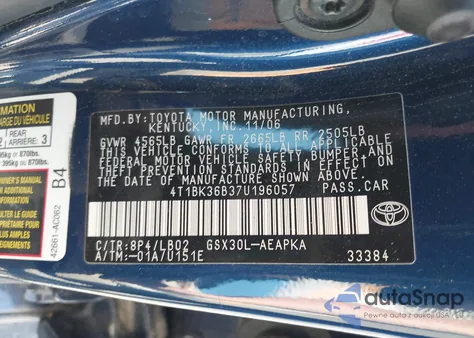 2007 Toyota Avalon Limited from USA, damaged, VIN 4T1BK36B37U196057